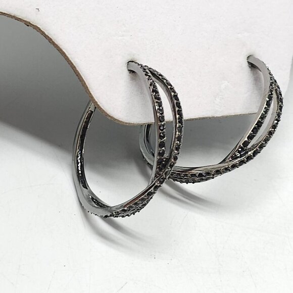 Silver Tone Black Crystal Rhinestone Double Hoop Earrings 1990s - Picture 2 of 5